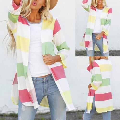 Fashion Woman Cardigan Coat New Fashion Autumn Colour Stripe Long Sleeves Smock Blouses loose Coat Dropshipping женская куртка