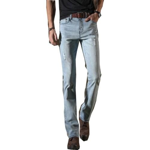 Mens new flared jeans casual loose elastic retro regular version blue 2021