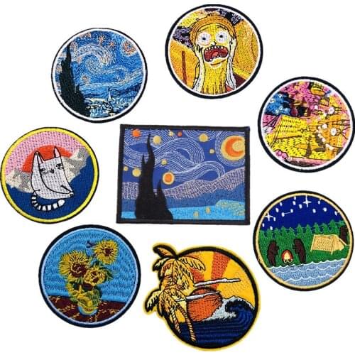 Embroidery Patches for Clothing Camp Iron On Patch Punk DIY Applique Clothes Stickers Van Gogh Star Night Mountain Wave Stripes