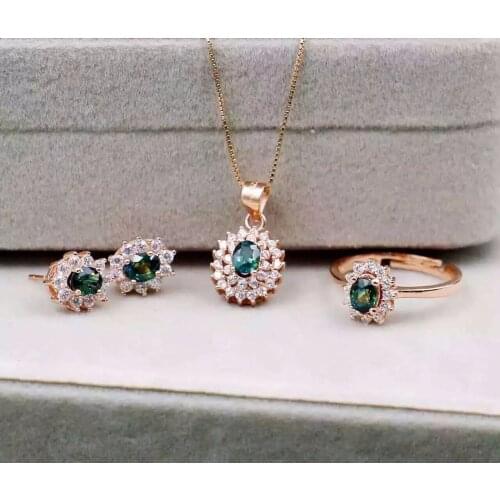 Natural blue sapphire stone wedding jewelry sets natural gemstone ring necklace earrings S925 silver women Fashion Diana round