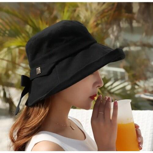 Panama 2021 Summer Bow Womens Bucket Hat Fashion Kpop Bob Cotton Black Sun Hats Fishing Hat Chapeu Wide Brim UV Protection Caps