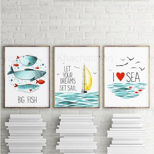 Marine Home Decoration Poster Big Fish Living Room Wall Canvas Painting Art Sailboat Seabirds and Waves Ripple Prints i Love Sea