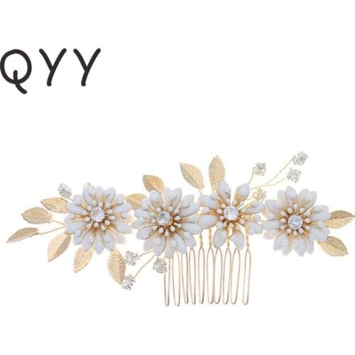 QYY Leaf Flower Hair Combs Clips for Women Accessories Wedding Gold Color Hair Jewelry Prom Party Headpiece Bridesmaid Gift