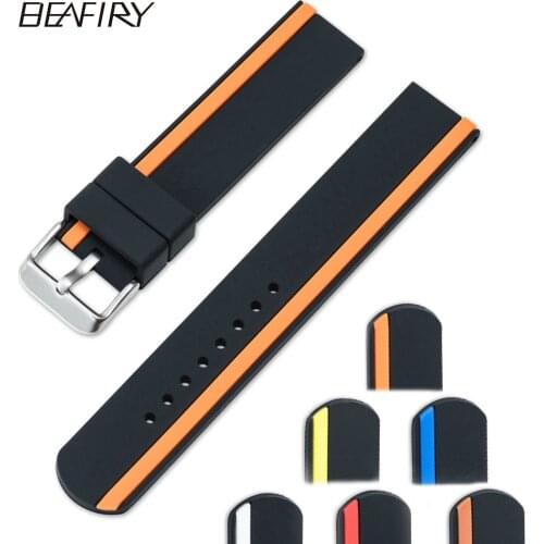 BEAFIRY Watch Band Strap 20mm 22mm 24mm Soft Silicone Rubber Waterproof Watchband black yellow black orange black blue black red