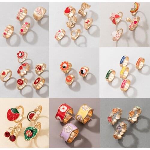 Tocona Colorful Dripping Oil Tai Chi Butterfly Gold Ring Sets for Women Cute Heart Flowers Fruit Geoemtry Wedding Ring Jewelry