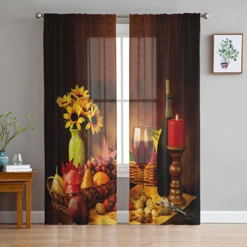 Vintage Country Style Fruit Food Wine Tulle Curtain Voile Transparent for Bedroom Living Room Kitchen Sheer Window Curtains