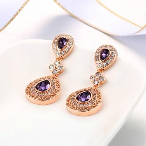 ZHOUYANG Drop Earrings For Women Vintage Hollow out Purple Zirconia Waterdrop Crystal Rose Gold Color Fashion Ear Jewelry E450