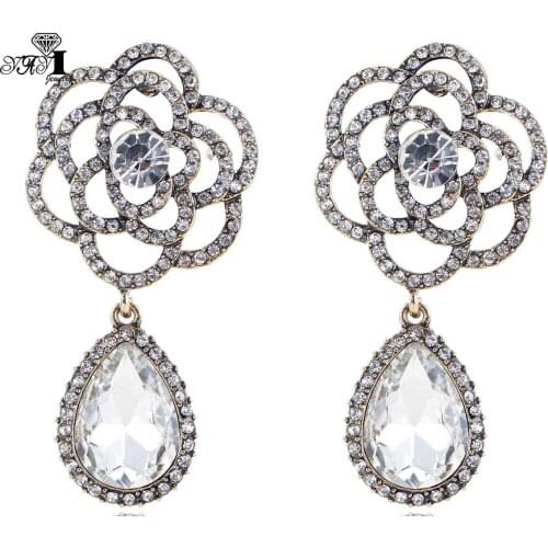 YaYi Jewelry Fashion BOHO White Glass Crystal Rhinestone Dangle Women Ancient Gold Color Wear Ear Band Long Tassel Earrings