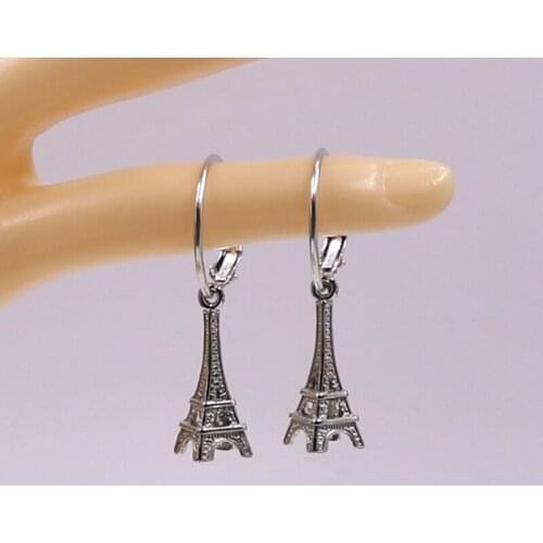 Women Fashion Jewelry 24x8x8 mm 3D Eiffel Tower Drop Earrings, Silver Hoops , Hoop Earrings , Gift