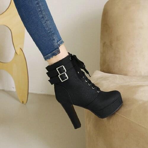 Sianie Tianie Winter Mature Sexy Lady Office Pumps Nude Black Round Toe Thick High Heels Buckle Strap Lace-up Women Ankle Boots