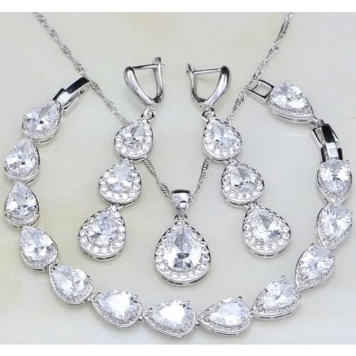 Trendy Water Drop White Cubic Zirconia 925 Sterling Silver Jewelry Sets For Women Wedding Earrings/Pendant/Necklace/Bracelet