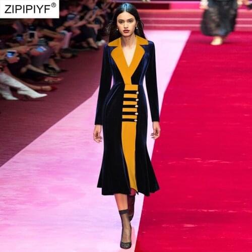 2021 Summer Runway Fashion Noctched Neck Long Sleeve Single-Breastesd Color Block Velvet High Waist Fishtail Women Dresses Z418