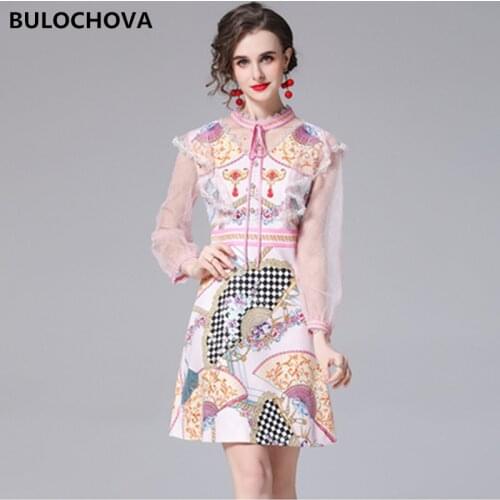 BULOCHOVA Vintage Print Women O Neck Patchwork Mesh Long Sleeve Slim Mini Dress Femme 2021 New Summer Large Size A-Line Vestidos