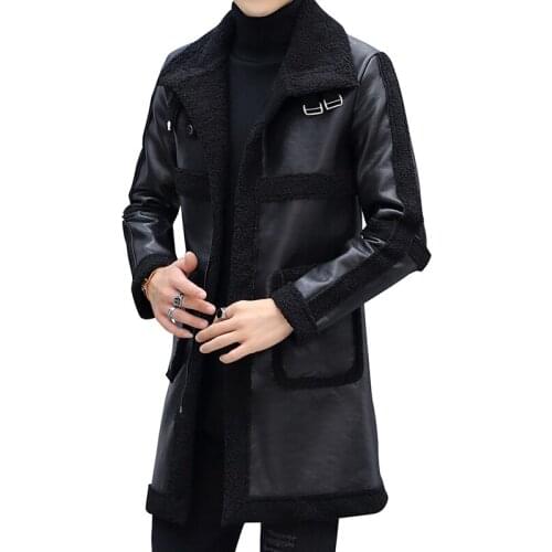 Winter Slim Motorcycle Long Leather Coats Men Casual Single-breasted Coat Mens Leather Trench Coats Lapel Black Fashion