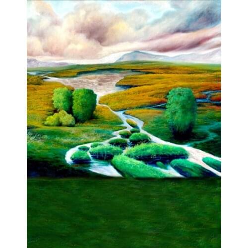 5x7ft River Grass Hill Tree Painting Photography Backdrops Photo Props Studio Background