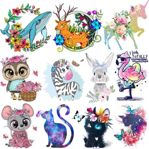Cartoon Animals Applique Iron On Transfers Vinyl Heat Transfer Ironing Thermal Stickers T-shirt Unicorn Cat Patches For Clothing