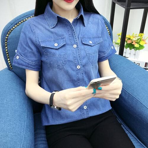 Women Blouse Denim Shirt Womens Summer Large Size Short Casual Short-Sleeved Denim Shirt Blusas Ropa De Mujer