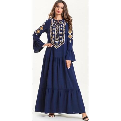 Bohemian Mexican Abaya Women Embroidery Navy Long Dress Casual Long Sleeves Tassel Muslim Maxi Dress 7618
