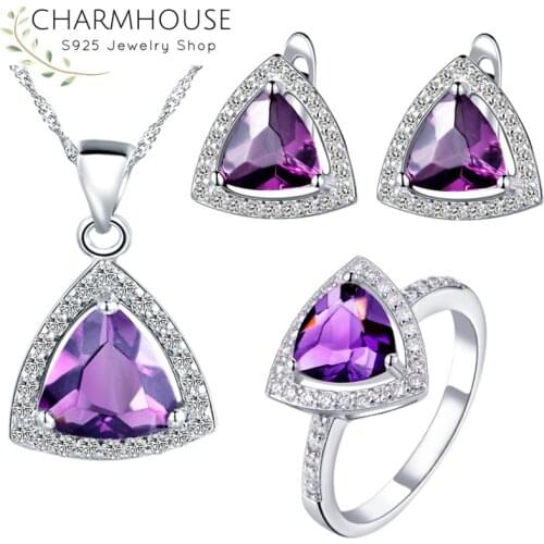 Charmhouse White Gold Color GP Jewelry Set For Women Purple Crystal Triangle Pendant Necklace Ring Earrings 3pcs Costume Jewelry