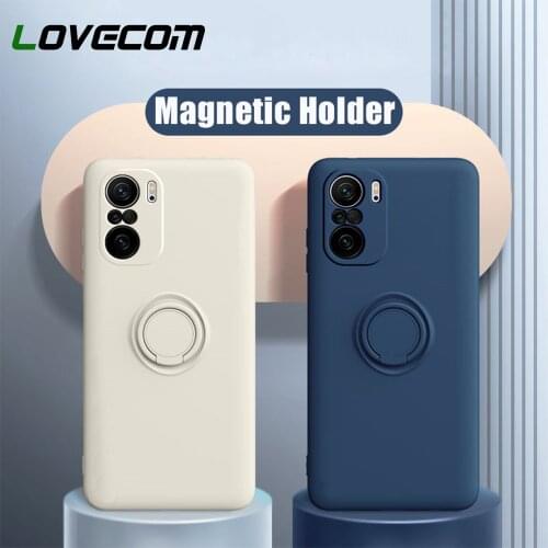 Magnetic Ring Holder Case For Xiaomi Redmi Note 10 Pro 9 9S K40 Mi 11 10T Lite POCO X3 NFC Soft Liquid Silicone Shockproof Cover