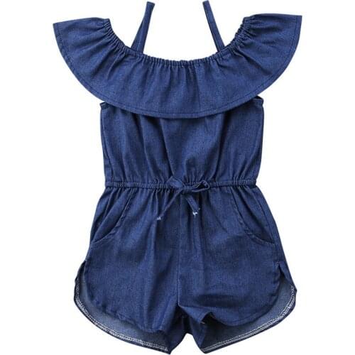 Toddler Baby Kid Girls Romper Outfit Denim Blue Jean Rompers Waisted Ruffle Collar Sleeveless Jumpsuit Summer Cute Girl 1-6T