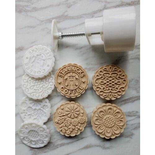 50sets,125g round shape flower patten Moon Cake Molds with 4 Stamps plastic hand pressure chinese moon cake mould
