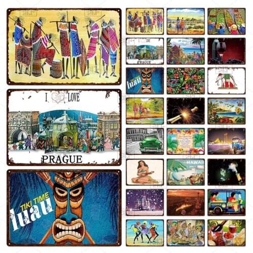 Hawaiian Resort Style Natural Scenery and Folk Dance Retro Customizable Decorative Metal Plaque Tin Paint Anti-Fading Tin Sign