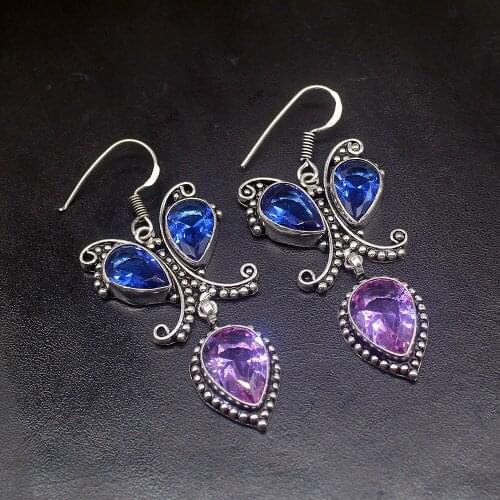 Gemstonefactory Big Promotion Unique 925 Silver Antique Shiny Blue Topaz Women Ladies Gifts Dangle Drop Earrings 20211935