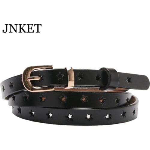 JNKET New Fashion Women Cowhide Belt Hollow Out Waist Belt Pentagram Waistband Pin Buckle Belt Jeans Belt Slim Cinturon