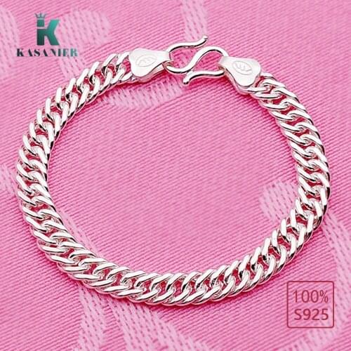 KASANIER 100% Real S925 Sterling Silver 7-15MM Width Men Bracelets Multi-size selection Mens Curb Bracelets HipHop/Rock Jewelry