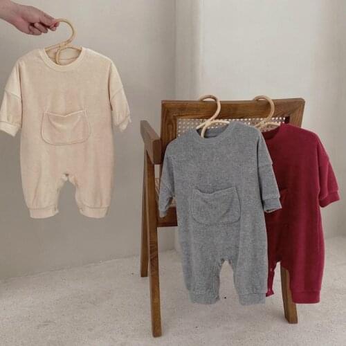 Newborn Baby Kid Clothes Autumn Girls Boy Cotton Children Rompers Solid Jumpsuit Long Sleeve With Pocket Bebe Overalls Outfits