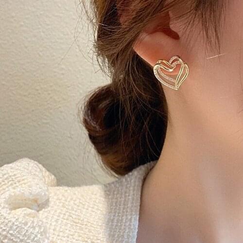 Korean Fashion Double Layered Geometric Heart Stud Earrings For Women Small Piercing Earring Wedding Party Jewelry Accessories