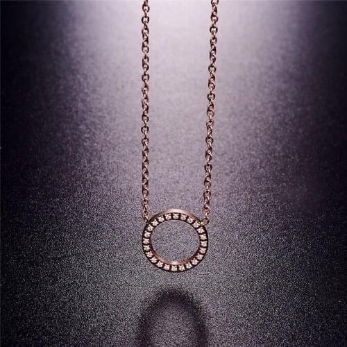 Martick Stainless Steel Round Loop Crystal Pendant Necklace Link Chain Necklace Rose Gold Fashion Jewelry For Women P62