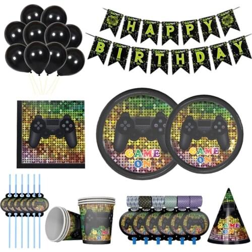 Cartoon Gamepad Series Birthday Party Disposable Tableware Set Spoon Fork Knife Banner Game Children Party Decoration Supply