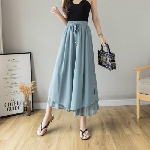 Solid Pleated Spliced Skirt Pants 2021 Summer New Korean Chiffon Wide-legged Strappy Casual Pants Nine-Point Trousers Pants 668H
