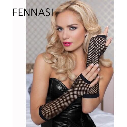 FENNASI Women Gloves Hollow Out Holes Sexy Punk Goth Female Disco Dance Costume Fingerless Mesh Fishnet Mitten