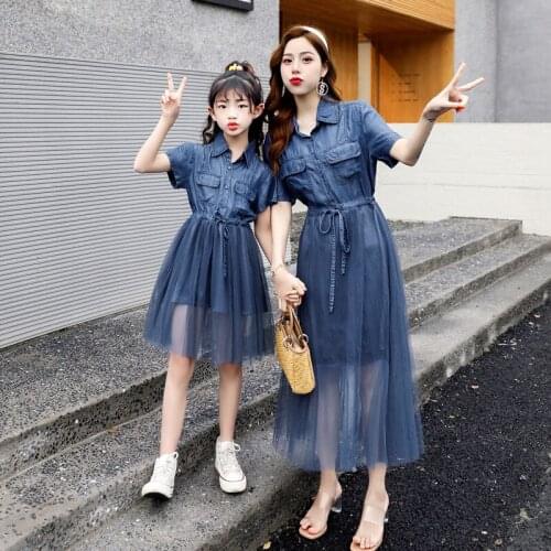Summer Mommy and Me Cowboy Blue Patchwork Dresses Mom Girls Short Sleeve Turn-down Collar Dress Girl Family Fashion Clothing