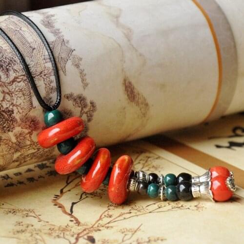 Weave Rope Necklace Ceramic Red Beads Pendants Vintage Natural Stone Pendant Choker For Women Sweater Long Chains Retro Jewelry