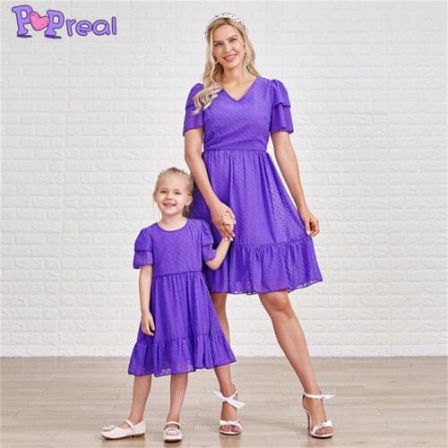 PopReal Summer Fashion Chiffon Family Matching Outfits Family Dress Mom And Daughter Skirt Mother Kids Dress Solid Short Sleeve