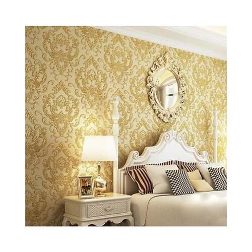 Q QIHANG High-Grade European Non-woven Wallpaper Embossed 3D Damascus Gold&yellow 0.53m*10m=5.3m2
