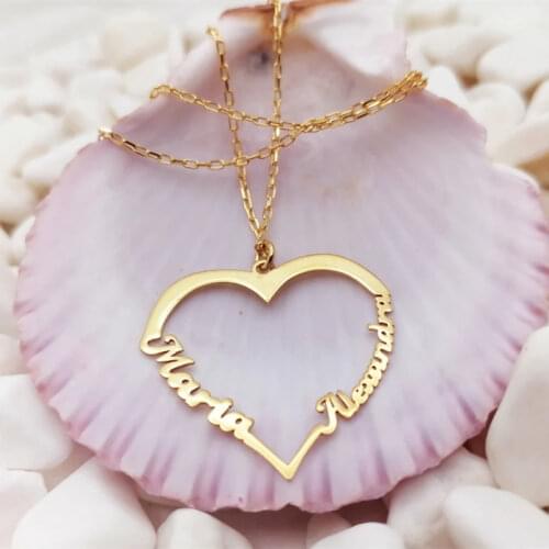 Romantic Big Heart Necklace For Women Gifts Custom Two Name Statement Necklaces Pendants Stainless Steel Jewelry Bijoux Femme