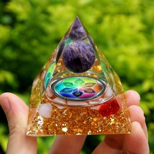 Handmade Orgonite Pyramid 60mm Amethyst Crystal Sphere Obsidian Quartz Copper HEALING Cristal Reiki Orgone Chakra EMF Protection