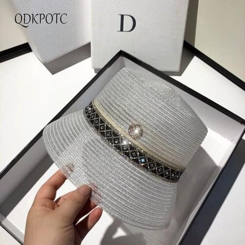 2021 Hat Summer Women New Rhinestone Straw Bucket Hats Fashion Breathable Bright Silk Sun Protection Shading Sun Hats QDKPOTC