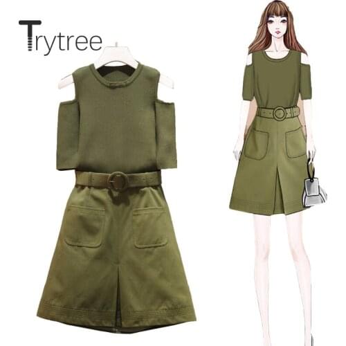 Trytree 2020 Summer two Set Casual Solid Green O-neck Strapless Top + Skirt Fashion Mini Split hem Send Belt Set 2 Piece Set