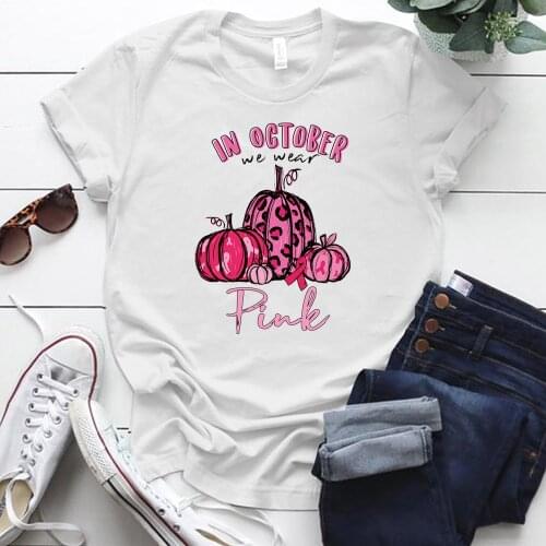 In October We Wear Pink Pumpkins Print T-shirts Women Cloth Tops for Girls O-neck Woman Tshirts Fashion Aesthetic Clothes Femme