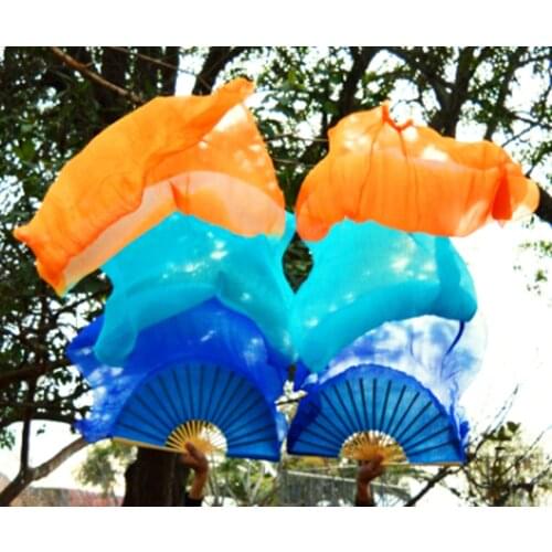 High quality 100% Chinese silk veils dance fans 1 Pair of belly dancing fans handmade dyed dance props 3 colors fans 180*90 cm