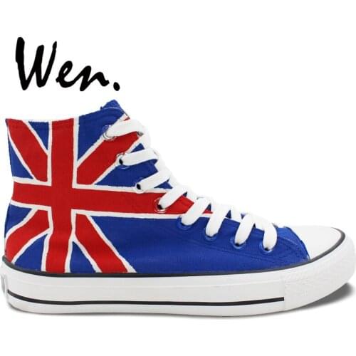 Wen Unisex Hand Painted Shoes Design Custom UK Flag Men Womens Canvas Sneakers High Top Lace up Sport Trainer Plimsolls