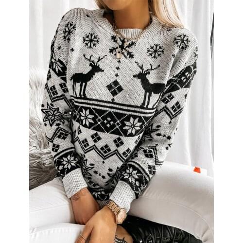 Women Christmas Sweater Snowflake and Elk Pattern Round Collar Long Sleeve Knitted Pullover Tops Female Autumn Winter Clothing