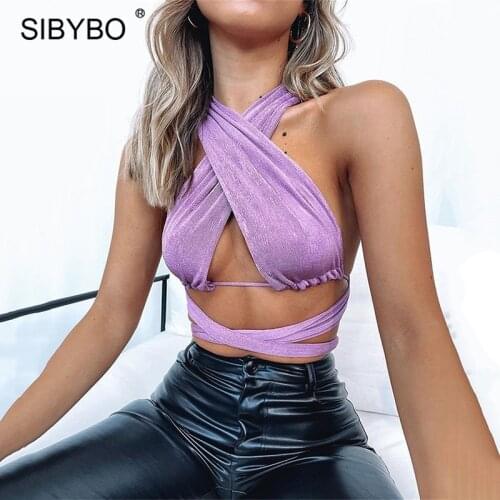 Sibybo Halter Bandage Y2K Tank Top Women Summer Backless Slim Sexy Crop Tops 2021 Femme High Street Casual Mini Vest Camis Tee