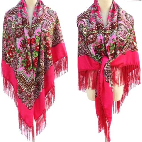 160*160cm Russian Fringed Square Big Scarf For Women Retro Floral Pattern National Scarves Hijab Head Wraps Beach Travel Shawl